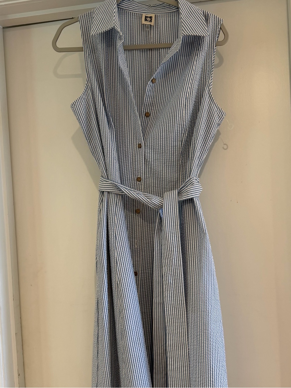 Anne Klein Blue and White Striped Sleeveless Midi Shirt Dress with Tie